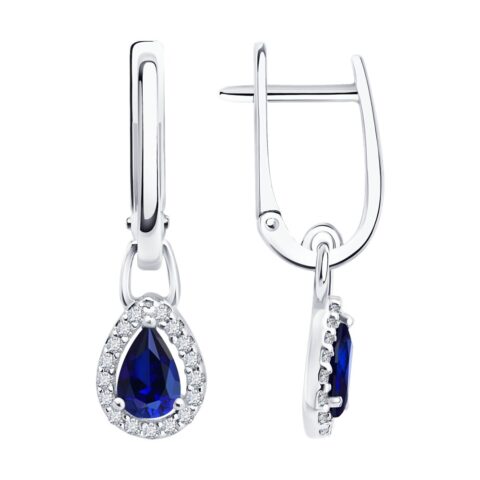 Серьги Ag.925 Разм. Вес.2,51 (2 Сапфир облаг.(С) Груша 6*4 Г/2, 34 Фианит бесцветный Круг 1)