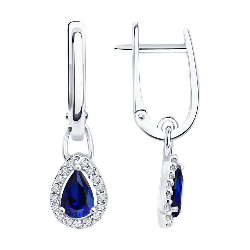 Серьги Ag.925 Разм. Вес.2,51 (2 Сапфир облаг.(С) Груша 6*4 Г/2, 34 Фианит бесцветный Круг 1)