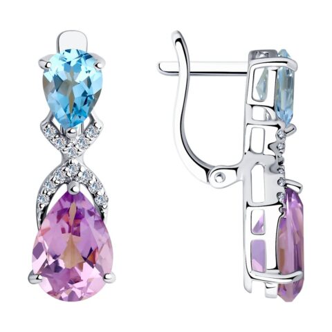 Серьги Ag.925 Разм. Вес.3,37 (2 Аметист Груша 10*7, 2 Топаз Груша 7*5, 24 Фианит бесцветный Круг 1)