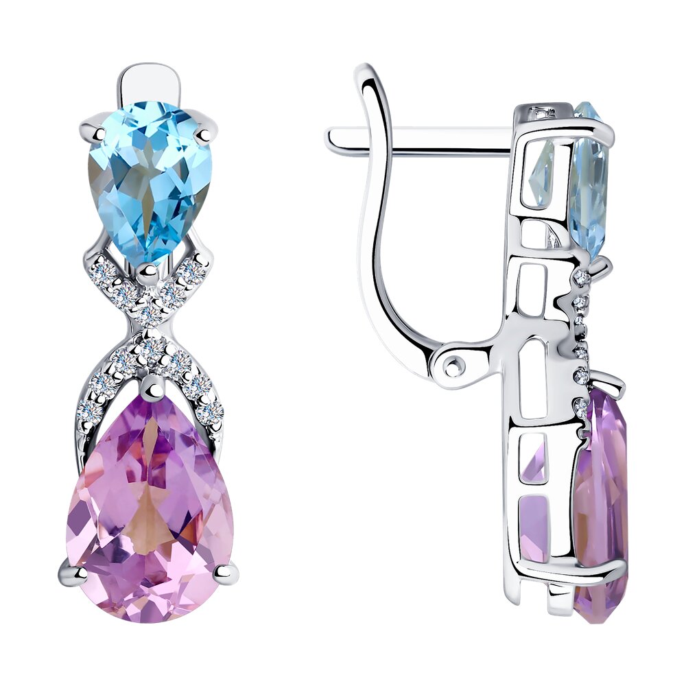 Серьги Ag.925 Разм. Вес.3,37 (2 Аметист Груша 10*7, 2 Топаз Груша 7*5, 24 Фианит бесцветный Круг 1)
