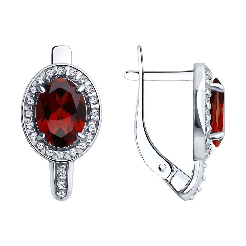 Серьги Ag.925 Разм. Вес.2,9 (2 Гранат Овал 8*6, 46 Фианит бесцветный Круг 1)