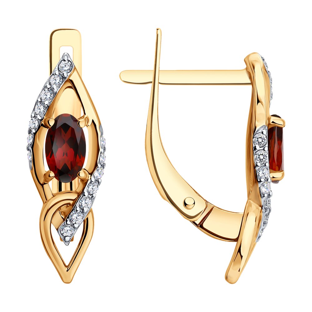 Серьги Au.585 Разм. Вес.2,25 (2 0,116 Гранат Овал 5*3, 28 0,050 Фианит бесцветный Круг 1)