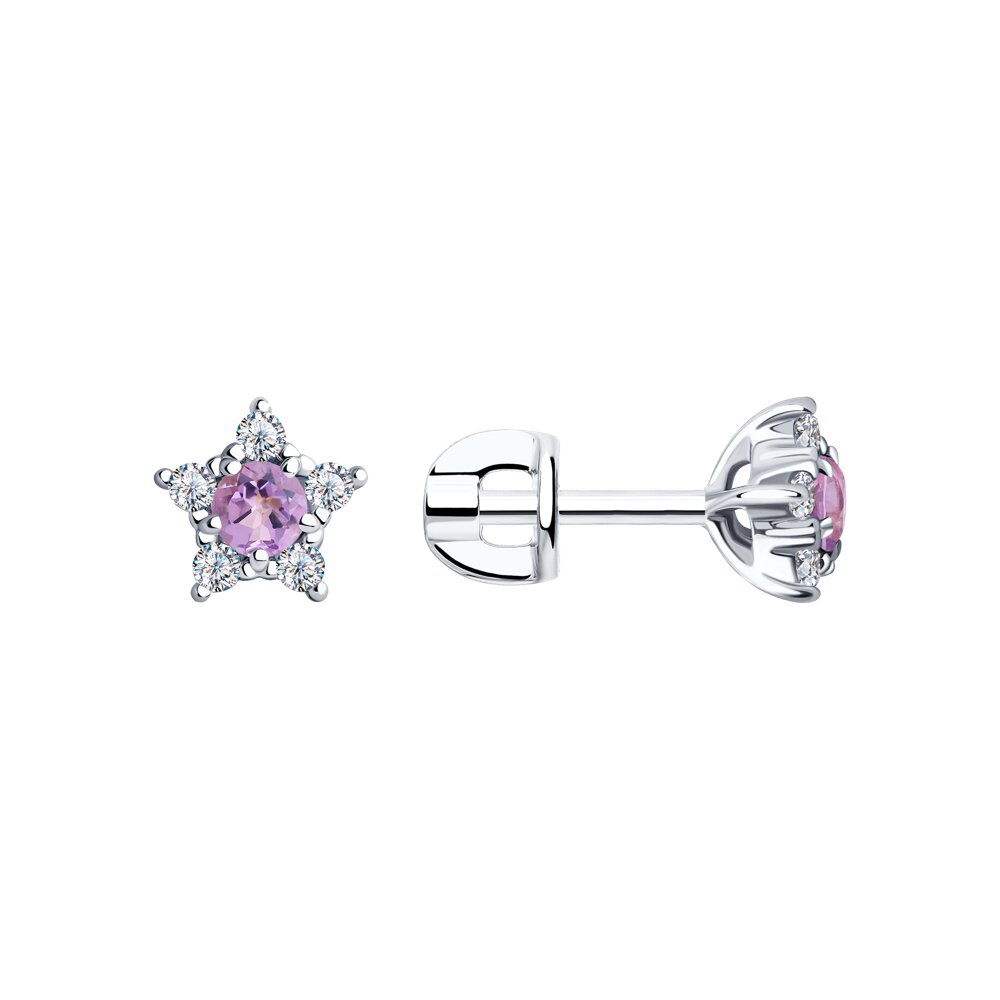 Серьги Ag.925 Разм. Вес.1,55 (2 Аметист Круг 3, 10 Фианит бесцветный Круг 1,5)