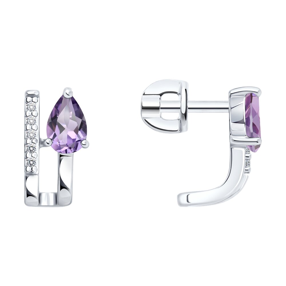 Серьги Ag.925 Разм. Вес.2,37 (2 0,140 Аметист Груша 6*4, 10 0,018 Фианит бесцветный Круг 1)