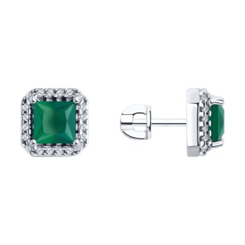Серьги Ag.925 Разм. Вес.3,33 (2 0,420 Агат зеленый Квадрат 6*6, 40 0,132 Фианит бесцветный Круг 1,25