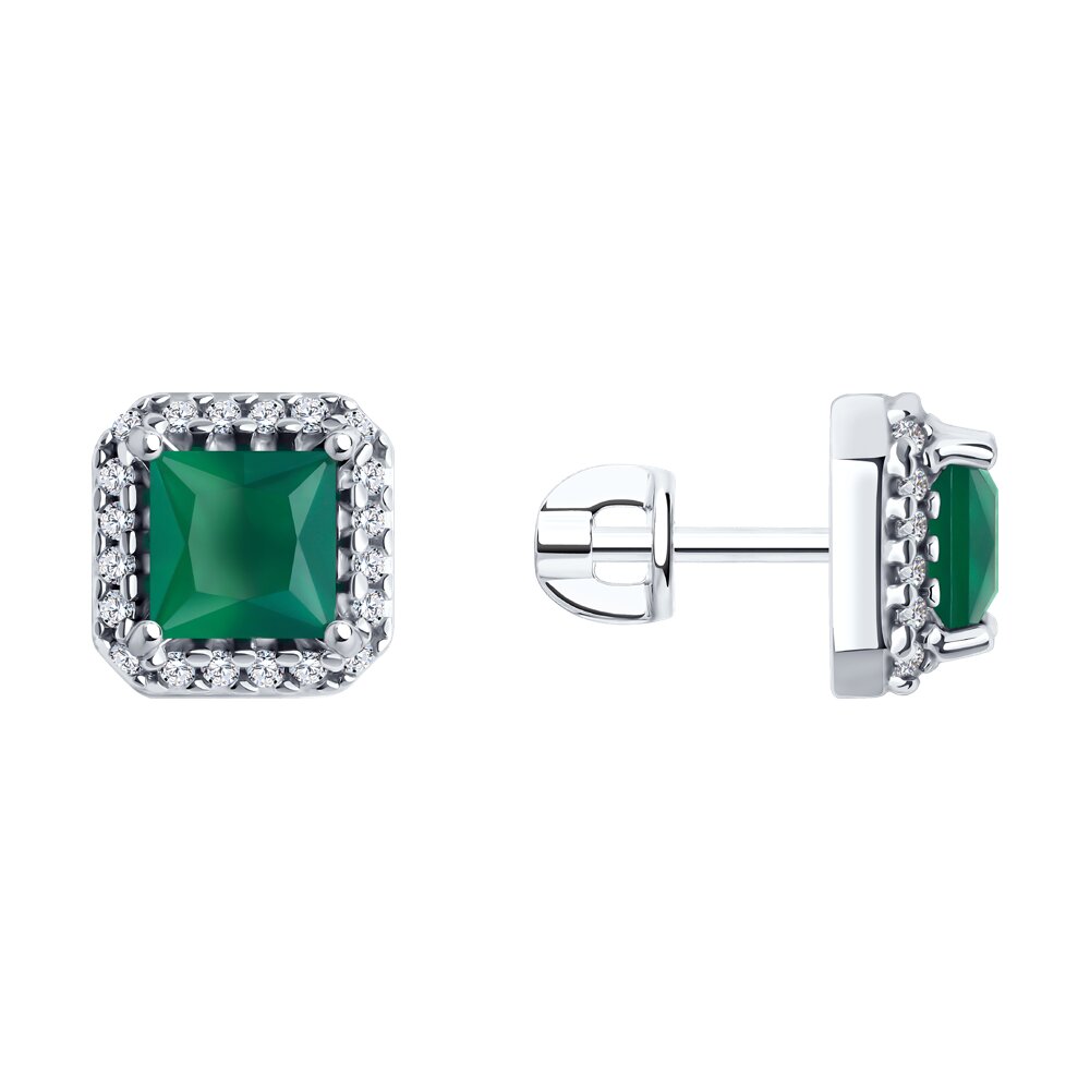 Серьги Ag.925 Разм. Вес.3,33 (2 0,420 Агат зеленый Квадрат 6*6, 40 0,132 Фианит бесцветный Круг 1,25