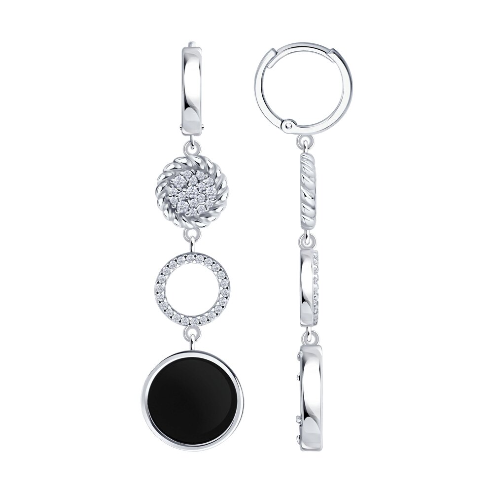 Серьги Ag.925 Разм. Вес.6,83 (2 Агат Круг Table 12*2, 70 Фианит бесцветный Круг 1, 8 Фианит бесцветн